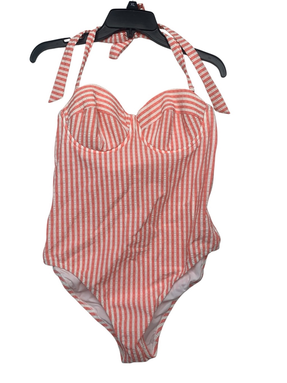 J Crew size 10 medium seersucker one piece swimsuit bathing white coral peach